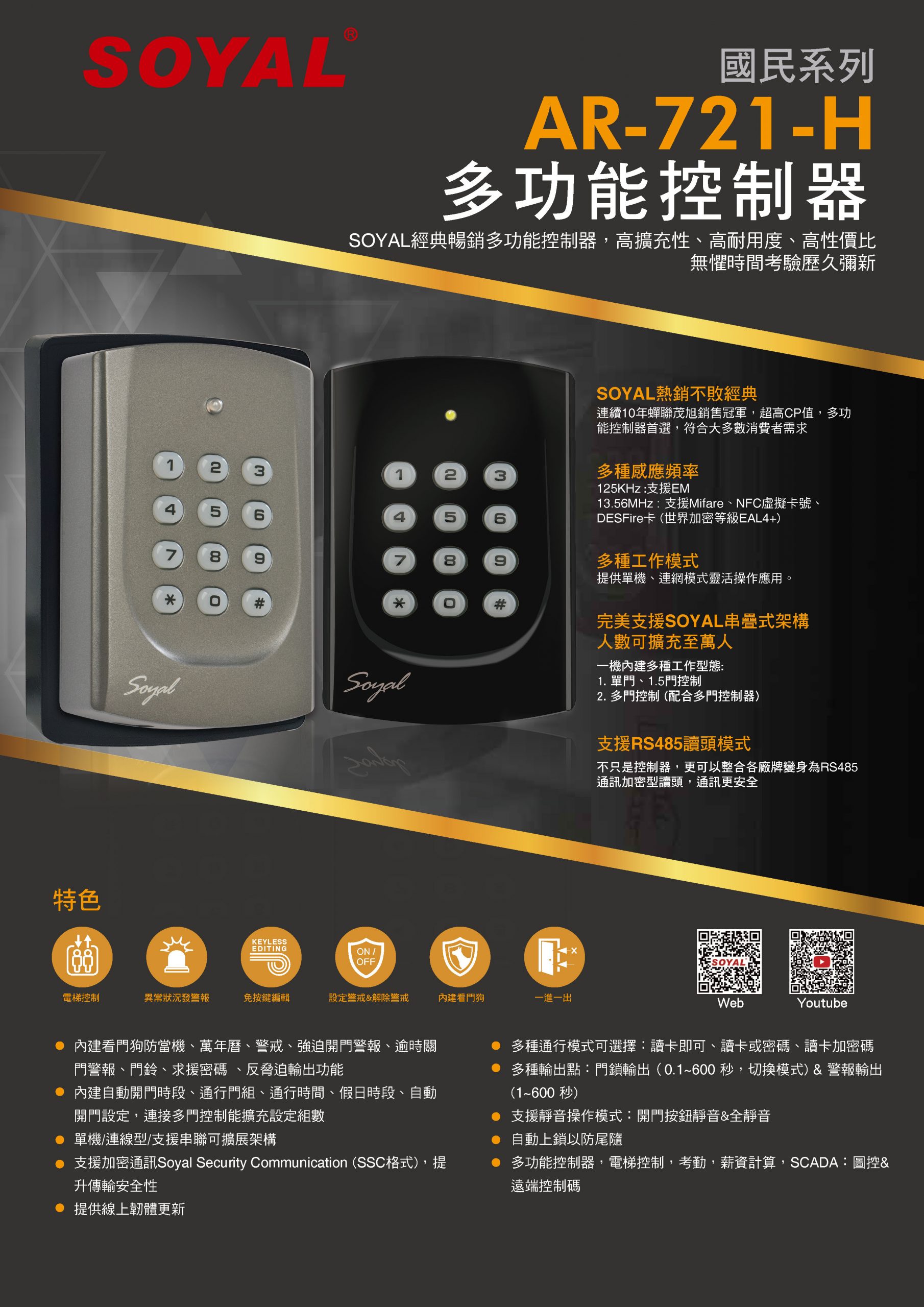國民系列
AR-721-H
多功能控制器

SOYAL經典暢銷多功能控制器，高擴充性、高耐用度、高性價比，無懼時間考驗歷久彌新。