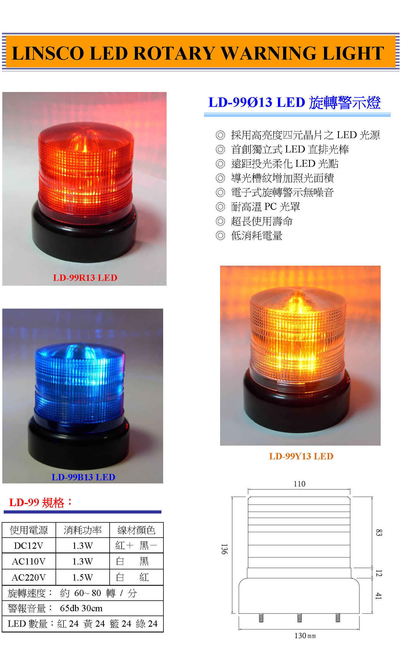 LD-99Ø13 LED旋轉警示燈

◎ 採用高亮度四元晶片之LED光源
◎ 首創獨立式LED直排光棒
◎ 遠距投光柔化LED光點
◎ 導光槽紋增加照光面積
◎ 電子式旋轉警示無噪音
◎ 耐高溫PC光罩
◎ 超長使用壽命
◎ 低消耗電量

LD-99Y13 LED
LD-99B13 LED
LD-99R13 LED